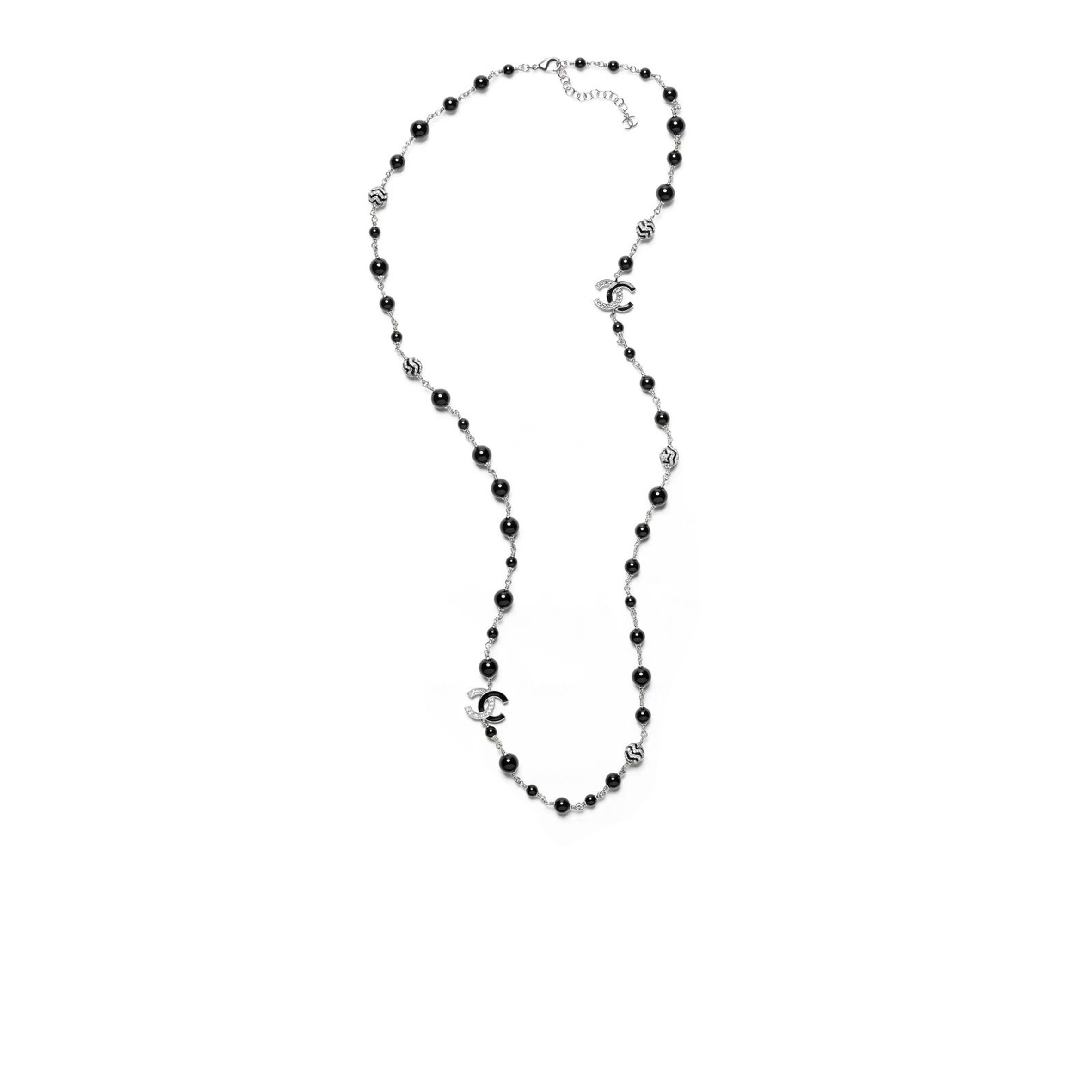 Ch*el black and white cc logo faux pearl long necklace j89703